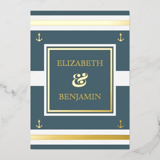 沿岸金ゴールド白ストライプ青航海の結婚 箔招待状 (正面)