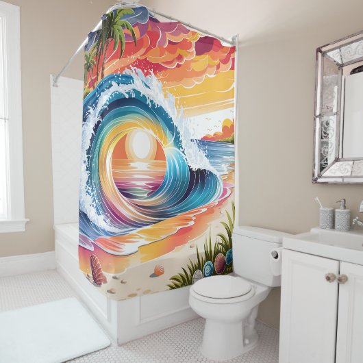 沿岸&サンカラフルド鮮やかビーチ波 シャワーカーテン (インサイチュ)