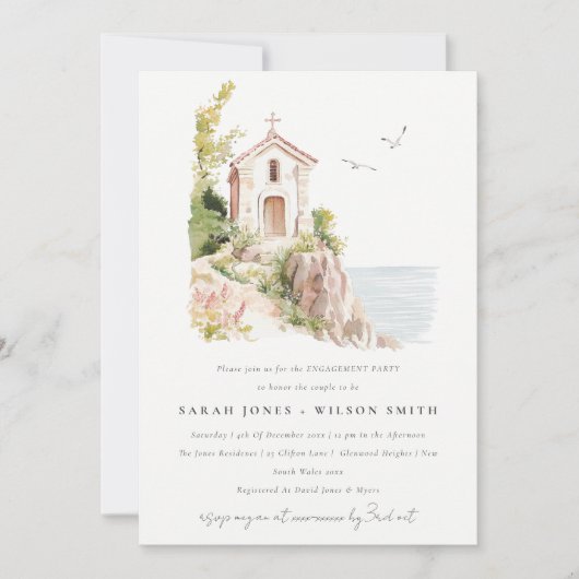 沿海カトリック水彩画 教会エンゲージメント 招待状 (正面)