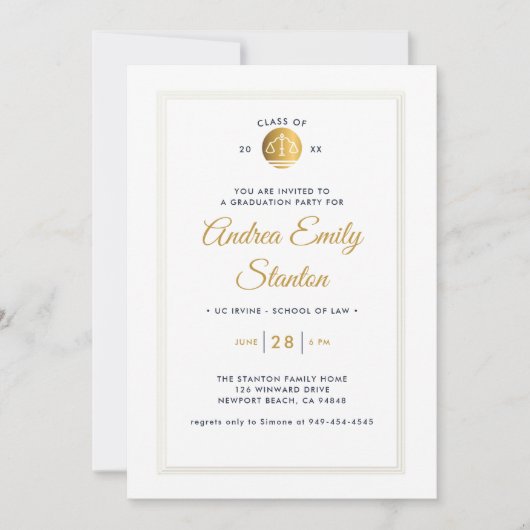 法学部卒業式 ゴールドの天秤のフレーム 招待状 (正面)