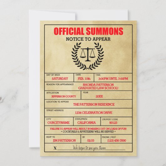 法律おもしろい勾引状法科卒業 招待状 (正面)