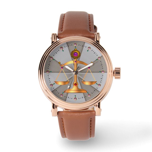 法律の、宝石はかりで測られる、金ゴールド正義の記号の灰色 腕時計 (正面)