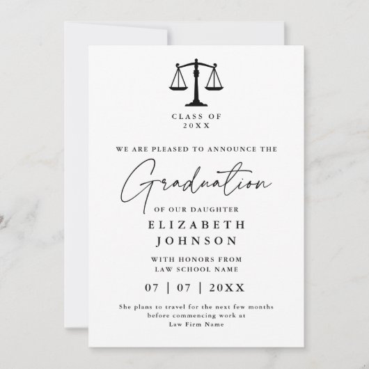 法律モダンエレガント卒業写真の発表 招待状 (正面)