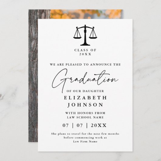 法律モダンエレガント卒業写真の発表 招待状 (正面/裏面)