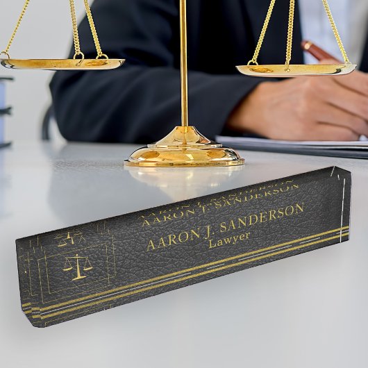 法律事務所エレガントブラックレザーと金ゴールドスケール デスクネームプレート