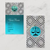 法律事務所、弁護士ティール（緑がかった色）ブルーホワイトダマスク 名刺 (正面/裏面)