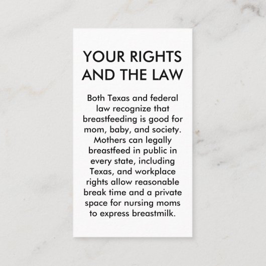 法律- 2 --を母乳で育てるテキサス州 コーリングカード (裏面)