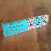 法的オフィス、弁護士のティール（緑がかった色）の青く白いダマスク織 デスクネームプレート (側面)