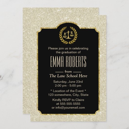 法科卒業アイボリーエレガントグリッター弁護士 招待状 (正面/裏面)
