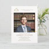 法科卒業ジャスティスはかりで測ス写真モダン 招待状 (スタンド正面)