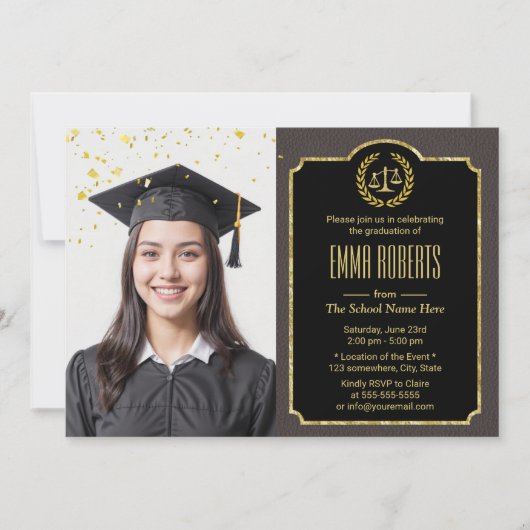 法科弁護士の卒業式エレガントブラウン写真 招待状 (正面)