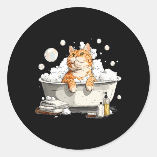 泡とバスタブの泡で入浴する素晴らしい猫 ラウンドシール (正面)