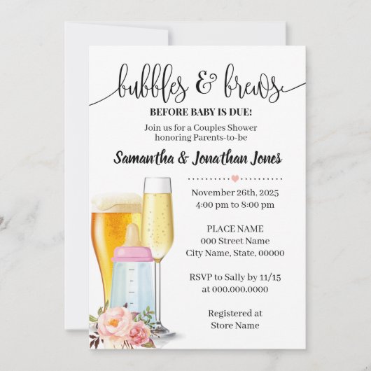 泡とパンベビー前のピンクの赤ちゃんシャワー 招待状 (正面)