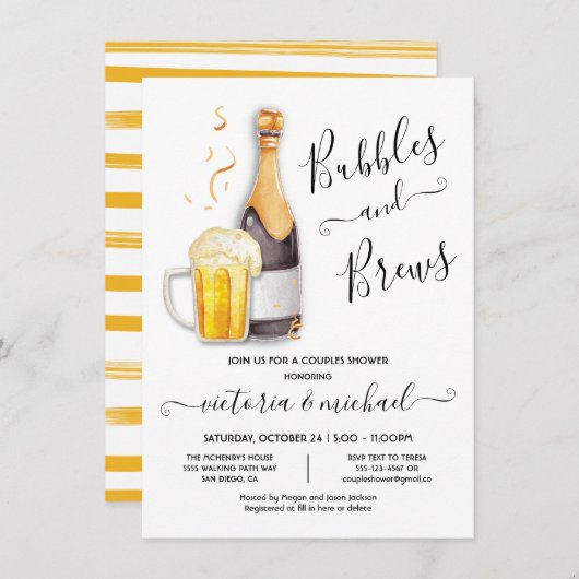 泡とブリュウカップルのシャワーシャンパンビール 招待状 (正面/裏面)