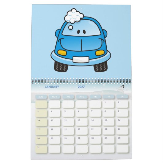 泡の付いた青い車 カレンダー (1月 2027)