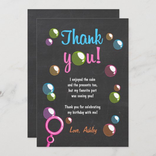 泡サンキューカードの誕生会の女の子のチョーク 招待状 (正面/裏面)