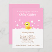 泡ピンクのベビーシャワーのパーティーとのかわいいアヒルちゃん 招待状 (正面/裏面)