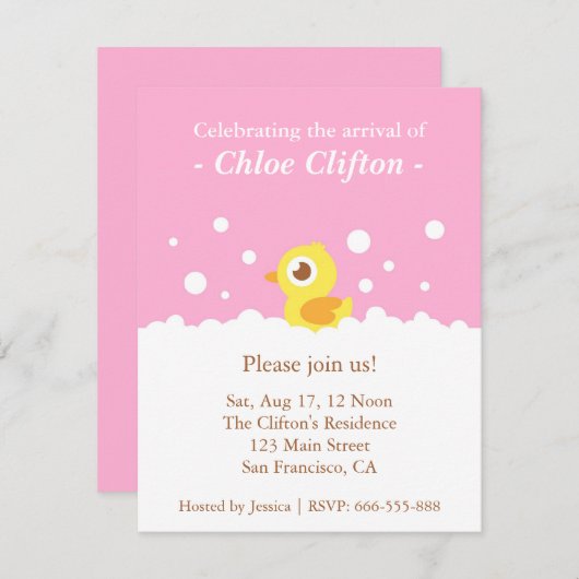 泡ピンクのベビーシャワーのパーティーとのかわいいアヒルちゃん 招待状 (正面/裏面)