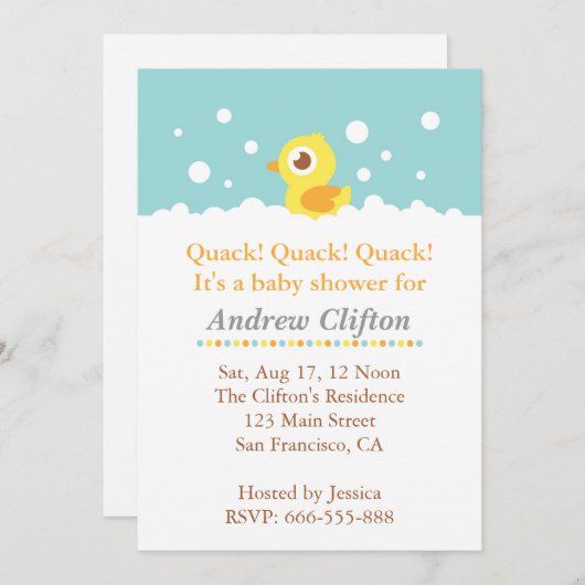泡ベビーシャワーのパーティーとのかわいいアヒルちゃん 招待状 (正面/裏面)