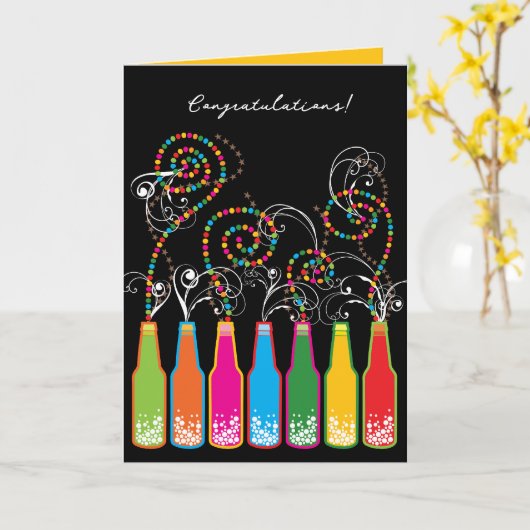 泡状カラフルボトルと渦巻き旋回おめでとう カード (黄色い花)