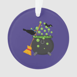 泡立つ大釜を覗く可愛い魔女のカラス オーナメント