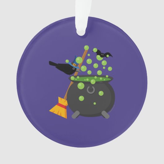 泡立つ大釜を覗く可愛い魔女のカラス オーナメント (正面)