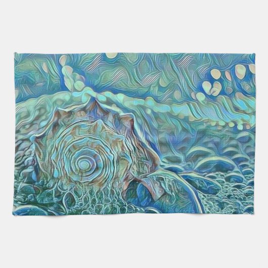 泡立つ海の青い絵画海 キッチンタオル (横)