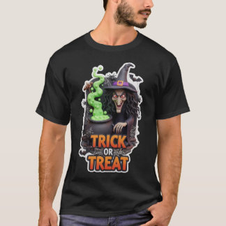 泡立つ鍋を持つ不気味な魔女とトリック・オア・トリート Tシャツ