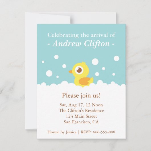 泡青色児のブライダル・シャワーとのかわいいアヒルちゃん 招待状 (正面)