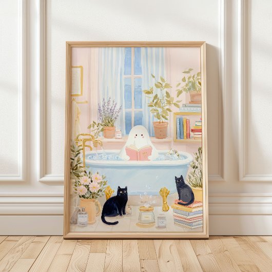 泡風呂で本を読む可愛いお化けと黒猫 ポスター
