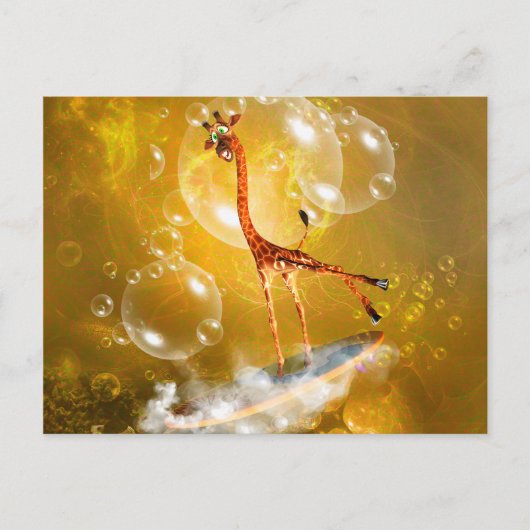 波おもしろいと泡を伴うサーフィンキリン ポストカード (正面)