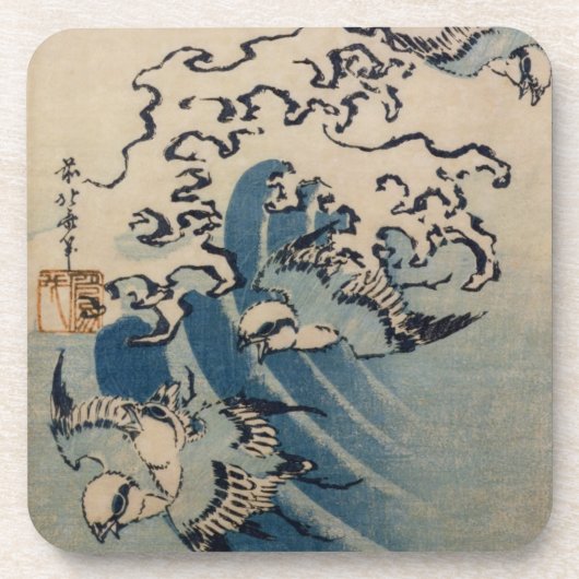 波および鳥、c.1825 (色のwoodblockのプリント) コースター (正面)