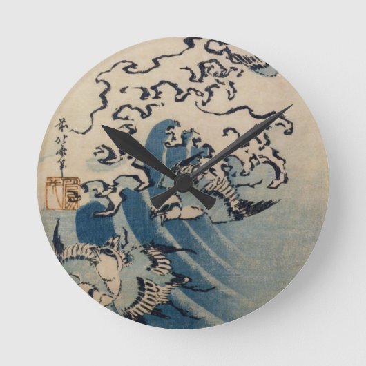 波および鳥、c.1825 (色のwoodblockのプリント) ラウンド壁時計 (正面)
