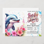 波お洒落ドルフィンガールベビーシャワー 招待状 (正面/裏面)