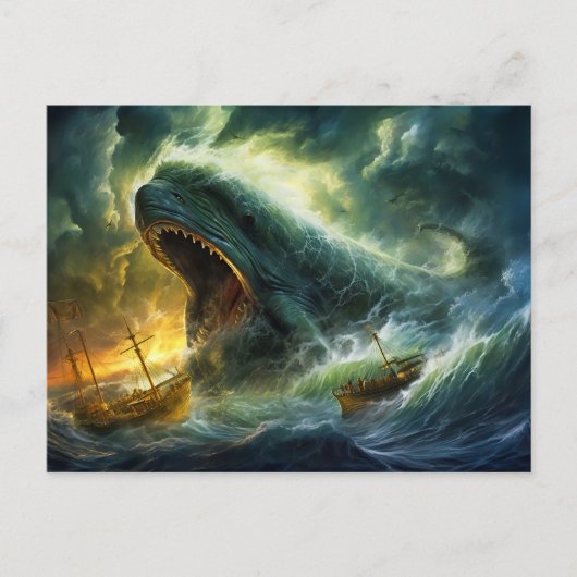 波から現れるシー・モンスター 幻想画 ポストカード (正面)