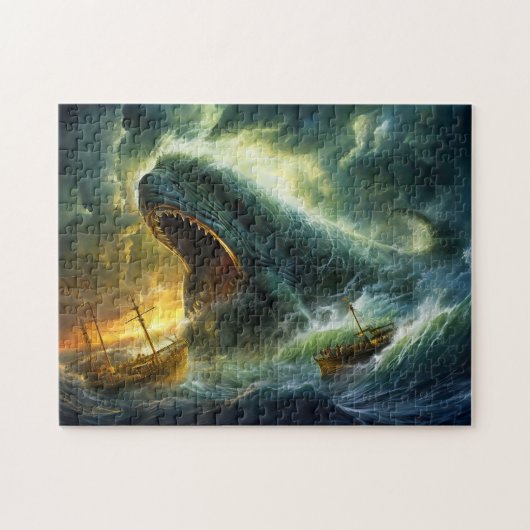 波から現れるシー・モンスター 幻想絵画 ジグソーパズル (横)