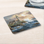 波が岸に衝突するファインアート スクエアペーパーコースター (アングル)