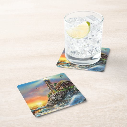 波が岸に衝突するファインアート スクエアペーパーコースター (インサイチュ)