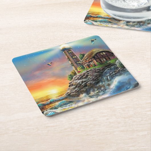 波が岸に衝突するファインアート スクエアペーパーコースター (アングル)