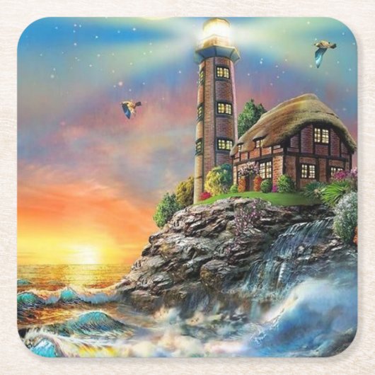 波が岸に衝突するファインアート スクエアペーパーコースター (正面)