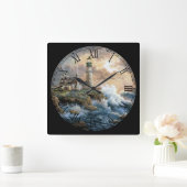 波が岸に衝突するファインアート スクエア壁時計 (ホーム)