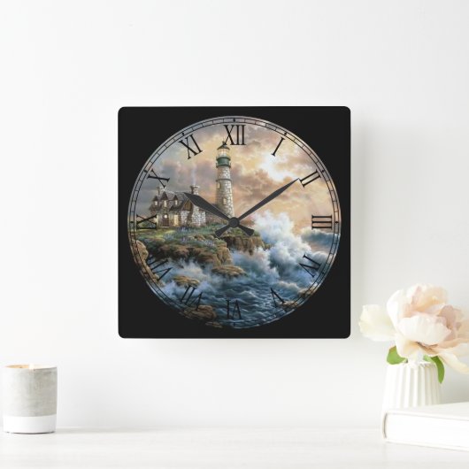 波が岸に衝突するファインアート スクエア壁時計 (ホーム)