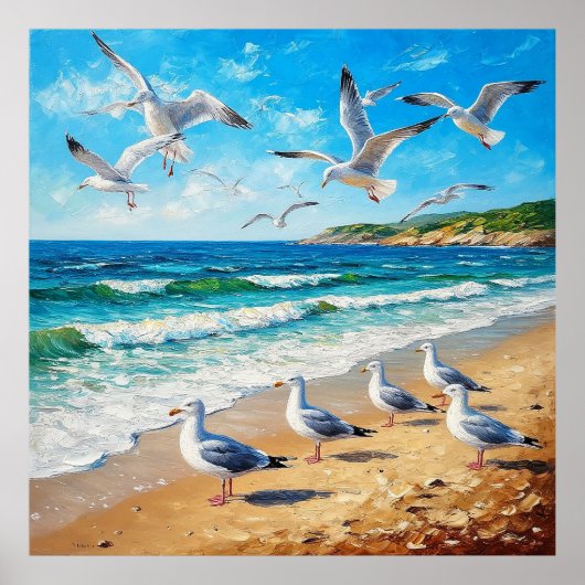 波が打ち寄せる海岸線での海 ポスター (正面)