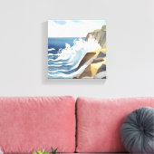 波が砕ける風景 | 岩だらけの海岸 水彩画 キャンバスプリント (インサイチュ (リビング))