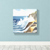 波が砕ける風景 | 岩だらけの海岸 水彩画 キャンバスプリント (インサイチュ (ウッドフロア))