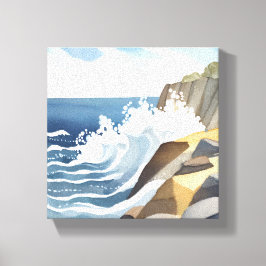 波が砕ける風景 | 岩だらけの海岸 水彩画 キャンバスプリント