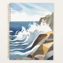 波が砕ける風景 | 岩だらけの海岸 水彩画 プランナー手帳