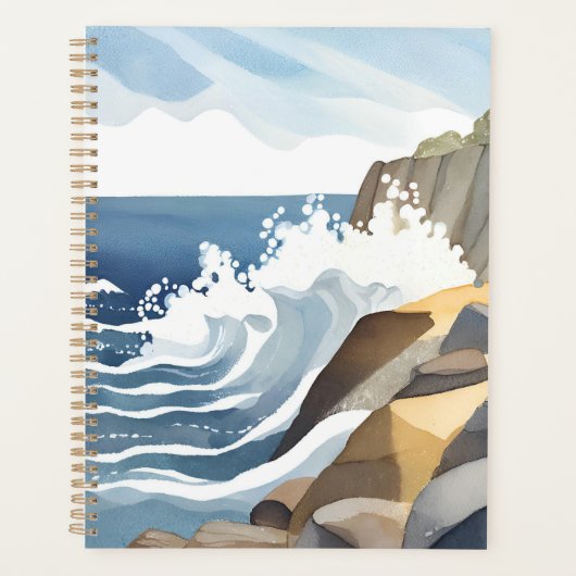 波が砕ける風景 | 岩だらけの海岸 水彩画 プランナー手帳 (正面)
