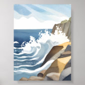 波が砕ける風景 | 岩だらけの海岸 水彩画 ポスター (正面)