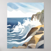 波が砕ける風景 | 岩だらけの海岸 水彩画 ポスター (正面)